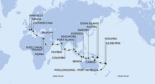 Austrália, Nová Kaledonie, Papua Nová Guinea, Indonézia, Singapur, Malajzia, Srí Lanka, Indie, Omán, Jordánsko, Egypt, Taliansko, Francúzsko na lodi MSC Magnifica
