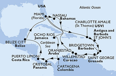 USA, Bahamy, Jamajka, Kolumbia, Panama, Kostarika, Belize, Antigua a Barbuda, Barbados, Grenada, Holandsko z Miami na lodi MSC Divina