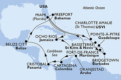 USA, Jamajka, Holandsko, Kolumbia, Panama, Belize, Bahamy, Svätý Krištof a Nevis, Francúzsko, Barbados z Miami na lodi MSC Divina