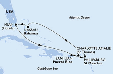 USA, Svatý Martin, Bahamy z Miami na lodi MSC Seaside