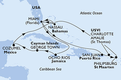 USA, Svatý Martin, Bahamy, Jamajka, Kajmanské ostrovy, Mexiko z Miami na lodi MSC Seaside