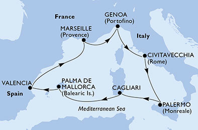 Taliansko, Španielsko, Francúzsko z Cagliari na lodi MSC Divina
