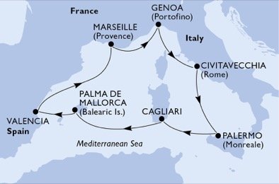 Španielsko, Francúzsko, Taliansko z Valencie na lodi MSC Divina