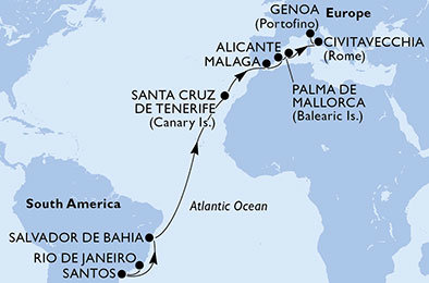 Brazília, Španielsko, Taliansko z Rio de Janeira na lodi MSC Fantasia