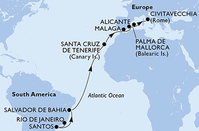 Brazília, Španielsko, Taliansko z Rio de Janeira na lodi MSC Fantasia