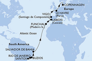 Brazília, Portugalsko, Španielsko, Francúzsko, Dánsko zo Santosu na lodi MSC Poesia