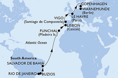 Brazília, Portugalsko, Španielsko, Francúzsko, Dánsko, Nemecko z Rio de Janeira na lodi MSC Poesia