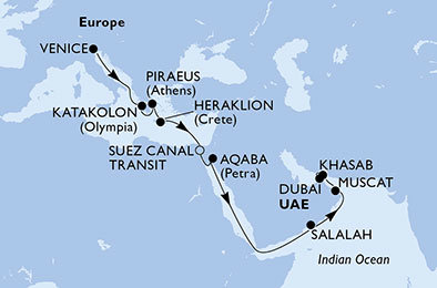 Taliansko, Grécko, Egypt, Jordánsko, Omán, Spojené arabské emiráty z Benátok na lodi MSC Lirica