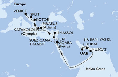 Spojené arabské emiráty, Omán, Izael, Jordánsko, Egypt, Cyprus, Grécko, Čierna Hora, Chorvátsko, Taliansko z Dubaja na lodi MSC Lirica