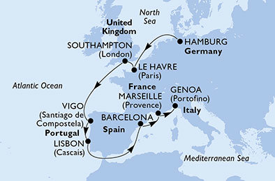 Nemecko, Francúzsko, Veľká Británia, Španielsko, Portugalsko, Taliansko z Hamburgu na lodi MSC Preziosa