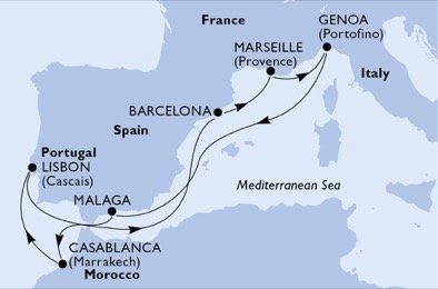 Taliansko, Španielsko, Maroko, Portugalsko, Francúzsko z Janova na lodi MSC Preziosa