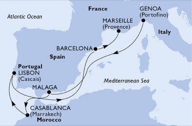 Taliansko, Španielsko, Maroko, Portugalsko, Francúzsko z Janova na lodi MSC Preziosa