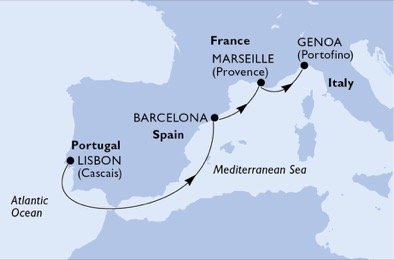 Portugalsko, Španielsko, Francúzsko, Taliansko z Lisabonu na lodi MSC Preziosa