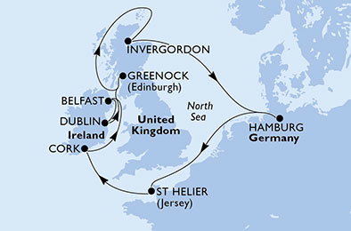 Nemecko, Korunní závislé území Velké Británie, Írsko, Veľká Británia z Hamburgu na lodi MSC Orchestra