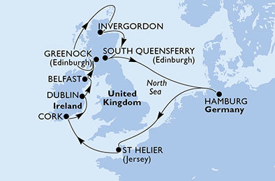 Nemecko, Korunní závislé území Velké Británie, Írsko, Veľká Británia z Hamburgu na lodi MSC Orchestra