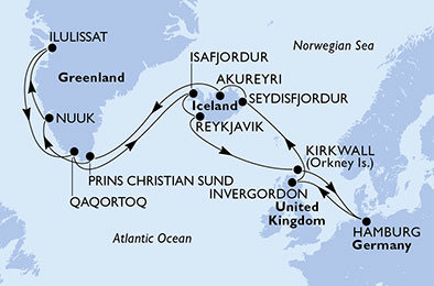 Nemecko, Veľká Británia, Island, Autonomní oblast Dánska z Hamburgu na lodi MSC Orchestra