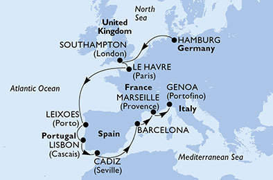 Nemecko, Veľká Británia, Francúzsko, Portugalsko, Španielsko, Taliansko z Hamburgu na lodi MSC Orchestra