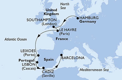 Nemecko, Veľká Británia, Francúzsko, Portugalsko, Španielsko z Hamburgu na lodi MSC Orchestra