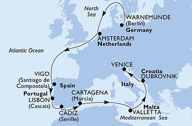 Nemecko, Holandsko, Španielsko, Portugalsko, Malta, Chorvátsko, Taliansko z Warnemünde na lodi MSC Poesia