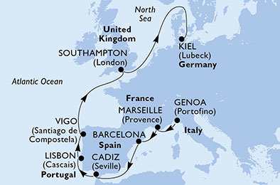 Taliansko, Francúzsko, Španielsko, Portugalsko, Veľká Británia, Nemecko z Janova na lodi MSC Meraviglia