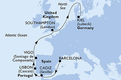Španielsko, Portugalsko, Veľká Británia, Nemecko z Barcelony na lodi MSC Meraviglia
