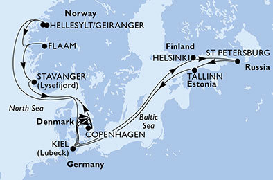 Nemecko, Dánsko, Nórsko, Fínsko, Rusko, Estónsko z Kielu na lodi MSC Meraviglia