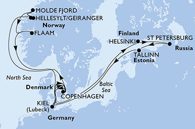 Dánsko, Fínsko, Rusko, Estónsko, Nemecko, Nórsko z Kielu na lodi MSC Meraviglia