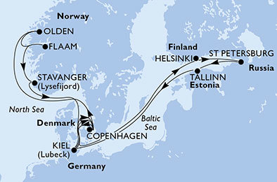 Nemecko, Dánsko, Fínsko, Rusko, Estónsko, Nórsko z Kielu na lodi MSC Meraviglia