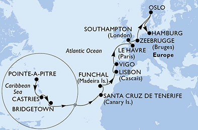 Guadeloupe, Svätá Lucia, Barbados, Španielsko, Portugalsko, Francúzsko, Veľká Británia, Belgicko, Nórsko, Nemecko z Pointe-à-Pitre na lodi MSC Preziosa