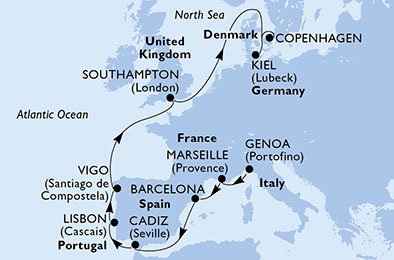 Taliansko, Francúzsko, Španielsko, Portugalsko, Veľká Británia, Nemecko, Dánsko z Janova na lodi MSC Meraviglia