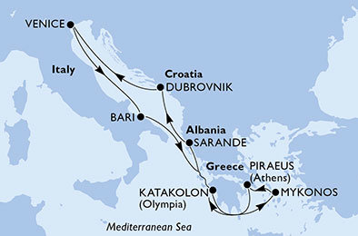 Taliansko, Grécko, Albánsko, Chorvátsko z Katakolonu na lodi MSC Lirica
