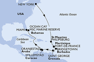 USA, Svatý Martin, Martinik, Barbados, Grenada, Curacao, Aruba, Bahamy z New Yorku na lodi MSC Meraviglia