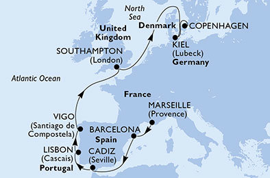 Francúzsko, Španielsko, Portugalsko, Veľká Británia, Nemecko, Dánsko z Marseille na lodi MSC Meraviglia