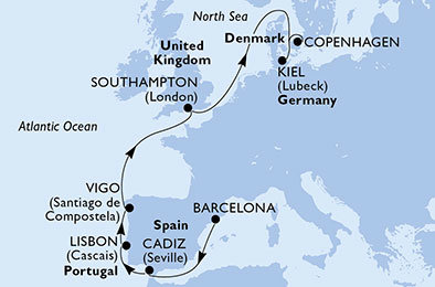 Španielsko, Portugalsko, Veľká Británia, Nemecko, Dánsko z Barcelony na lodi MSC Meraviglia
