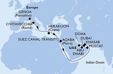 Taliansko, Grécko, Egypt, Jordánsko, Omán, Katar, Spojené arabské emiráty z Janova na lodi MSC Bellissima
