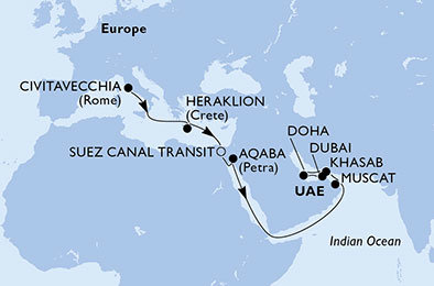 Taliansko, Grécko, Egypt, Jordánsko, Omán, Katar, Spojené arabské emiráty z Civitavechie na lodi MSC Bellissima