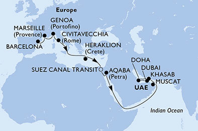 Španielsko, Francúzsko, Taliansko, Grécko, Egypt, Jordánsko, Omán, Katar, Spojené arabské emiráty z Barcelony na lodi MSC Bellissima