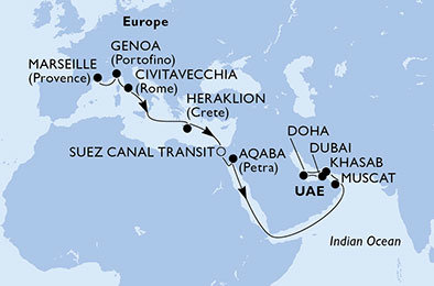 Francúzsko, Taliansko, Grécko, Egypt, Jordánsko, Omán, Katar, Spojené arabské emiráty z Marseille na lodi MSC Bellissima