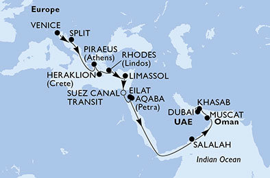 Taliansko, Chorvátsko, Grécko, Cyprus, Egypt, Izrael, Jordánsko, Omán, Spojené arabské emiráty z Benátok na lodi MSC Lirica