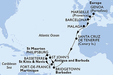 Taliansko, Francúzsko, Španielsko, Barbados, Antigua a Barbuda, Svatý Martin, Svätý Krištof a Nevis, Martinik z Janova na lodi MSC Preziosa
