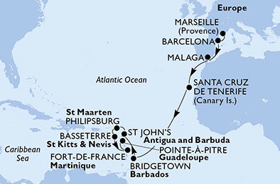 Francúzsko, Španielsko, Barbados, Antigua a Barbuda, Svatý Martin, Svätý Krištof a Nevis, Martinik, Guadeloupe z Marseille na lodi MSC Preziosa