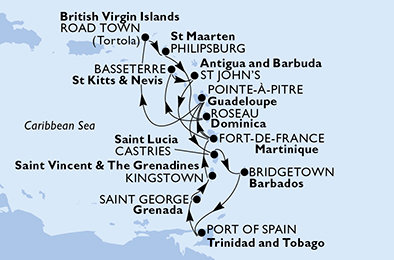 Guadeloupe, Britské Panenské ostrovy, Svatý Martin, Dominika, Svätý Krištof a Nevis, Antigua a Barbuda, Martinik, Svätá Lucia, Barbados, Trinidad a Tobago, Grenada, Svätý Vincent a Grenadiny z Pointe-à-Pitre na lodi MSC Preziosa