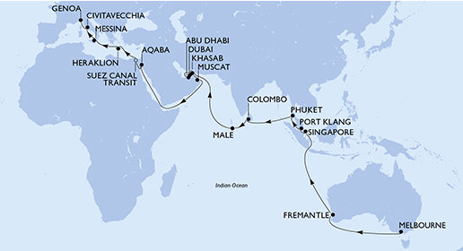 Austrália, Singapur, Malajzia, Thajsko, Srí Lanka, Maledivy, Spojené arabské emiráty, Omán, Jordánsko, Egypt, Grécko, Taliansko na lodi MSC Magnifica