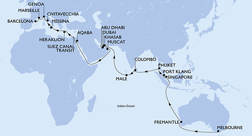 Austrália, Singapur, Malajzia, Thajsko, Srí Lanka, Maledivy, Spojené arabské emiráty, Omán, Jordánsko, Egypt, Grécko, Taliansko, Francúzsko, Španielsko na lodi MSC Magnifica