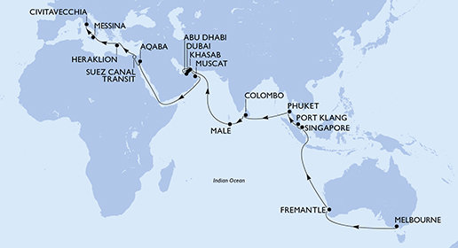 Austrália, Singapur, Malajzia, Thajsko, Srí Lanka, Maledivy, Spojené arabské emiráty, Omán, Jordánsko, Egypt, Grécko, Taliansko na lodi MSC Magnifica