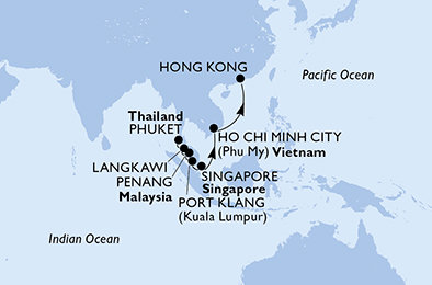 Thajsko, Malajzia, Singapur, Vietnam, Čína na lodi MSC Splendida