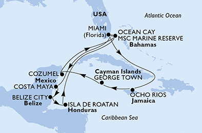 USA, Mexiko, Belize, Honduras, Bahamy, Jamajka, Kajmanské ostrovy z Miami na lodi MSC Meraviglia