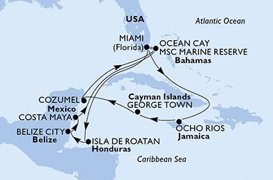 USA, Jamajka, Kajmanské ostrovy, Mexiko, Bahamy, Honduras, Belize z Miami na lodi MSC Meraviglia