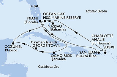 USA, Jamajka, Kajmanské ostrovy, Mexiko, Bahamy z Miami na lodi MSC Seaside