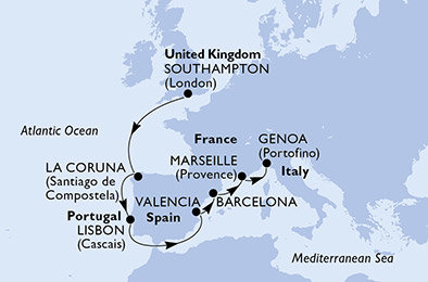 Veľká Británia, Španielsko, Portugalsko, Francúzsko, Taliansko zo Southamptonu na lodi MSC Bellissima